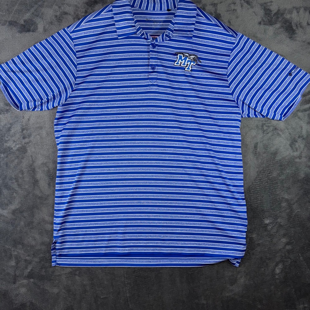 Mens Large Columbia Golf Polo Shirt Blue Striped Good MTSU Blue Raiders Logo